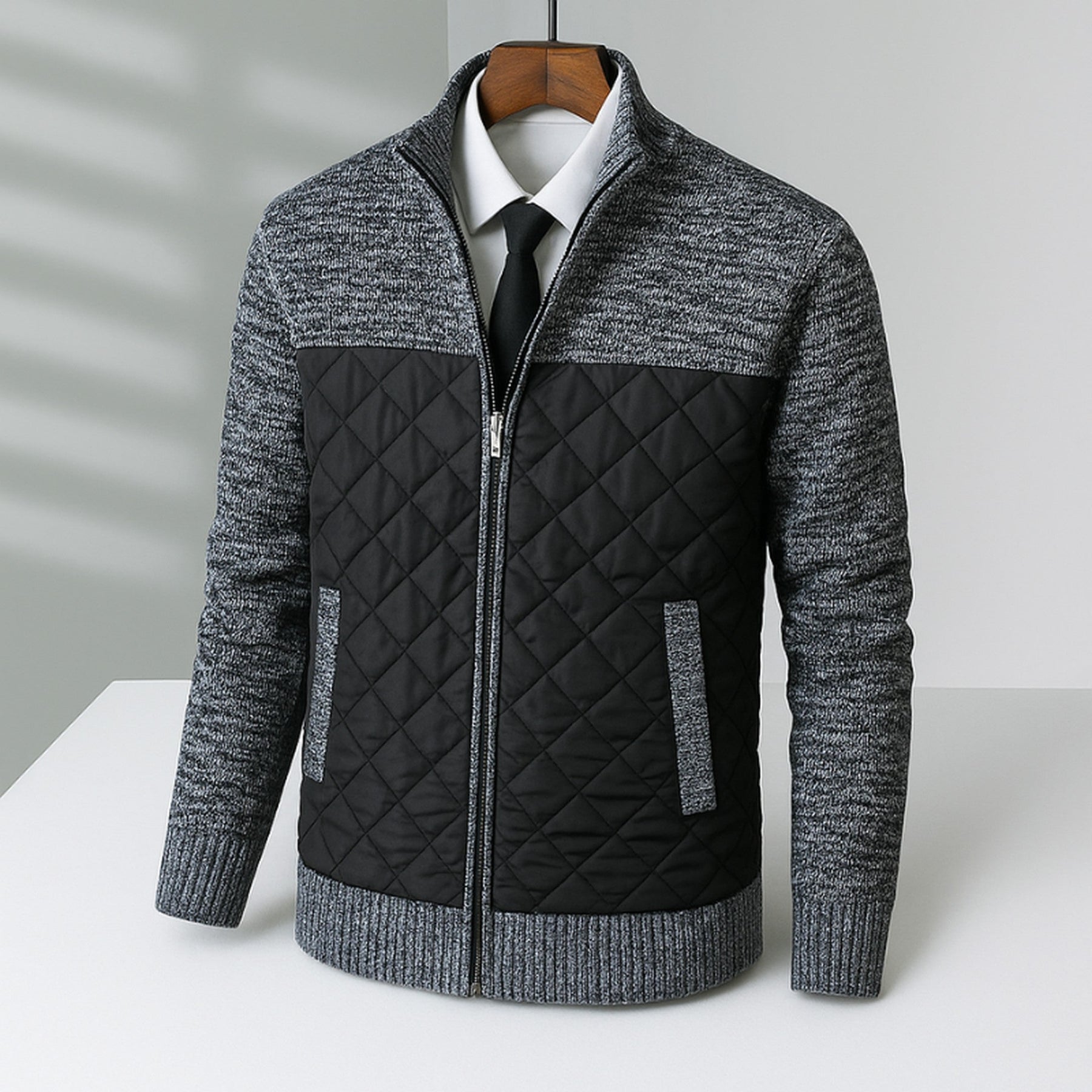 Men's Quilted Hybrid Jacket – Knit-Sleeve Funnel-Neck Layer – Charcoal