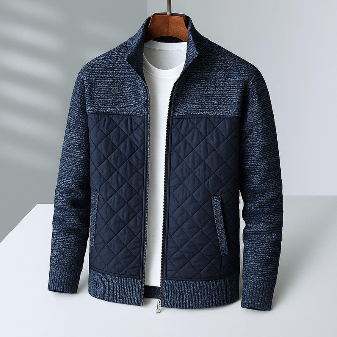 Men's Quilted Hybrid Jacket – Knit-Sleeve Funnel-Neck Layer – Blue