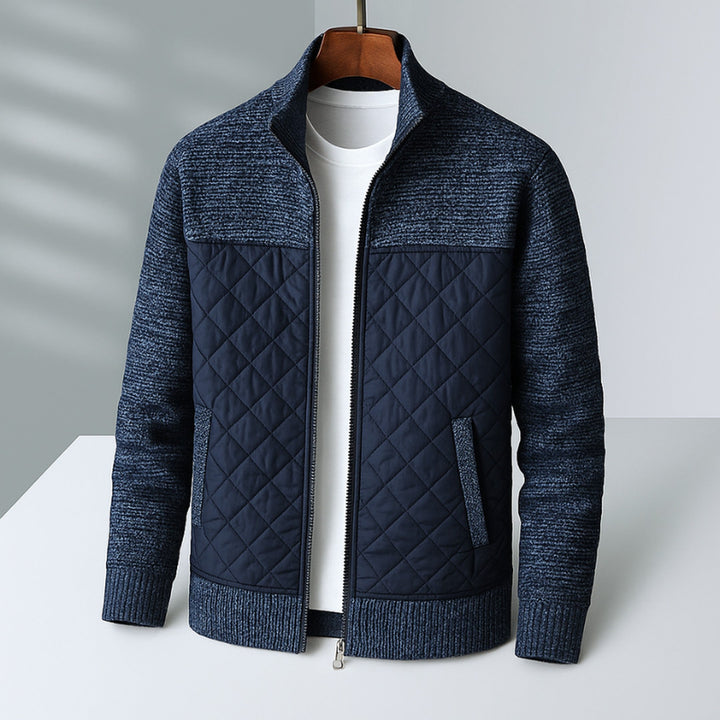 Men's Quilted Hybrid Jacket – Knit-Sleeve Funnel-Neck Layer – Blue
