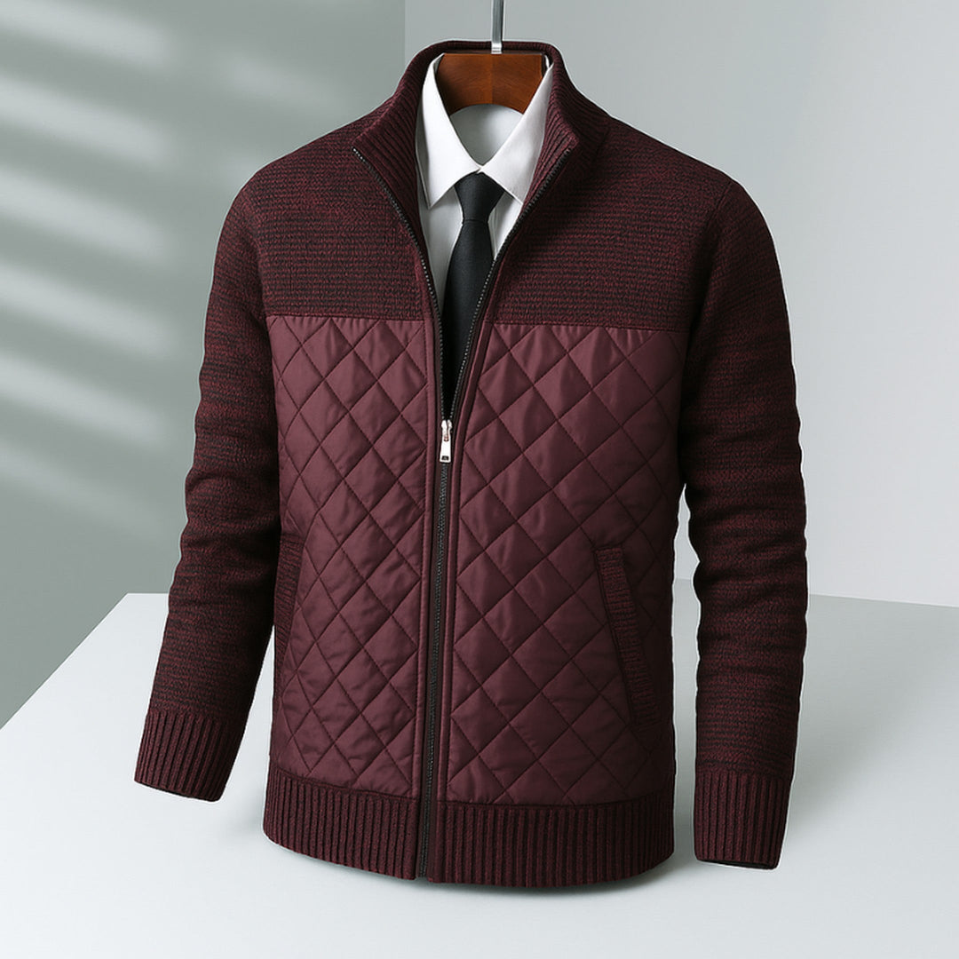 Men's Quilted Hybrid Jacket – Knit-Sleeve Funnel-Neck Layer – Maroon