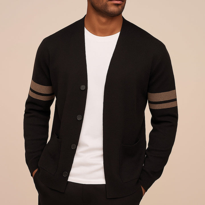 Men's Merino Blend Knit Cardigan – Varsity Stripe Layering – view 2