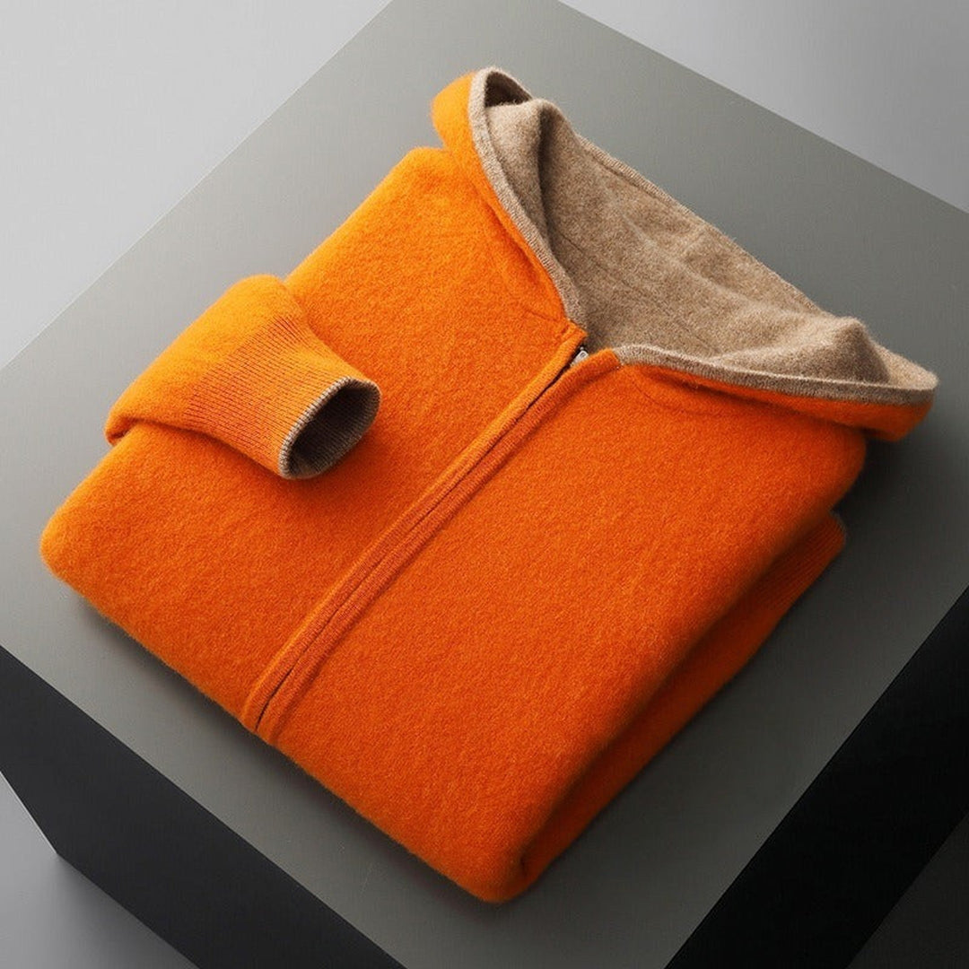 Men's Merino Wool Zip-Up Hoodie – Reversible Knit Layering – Orange