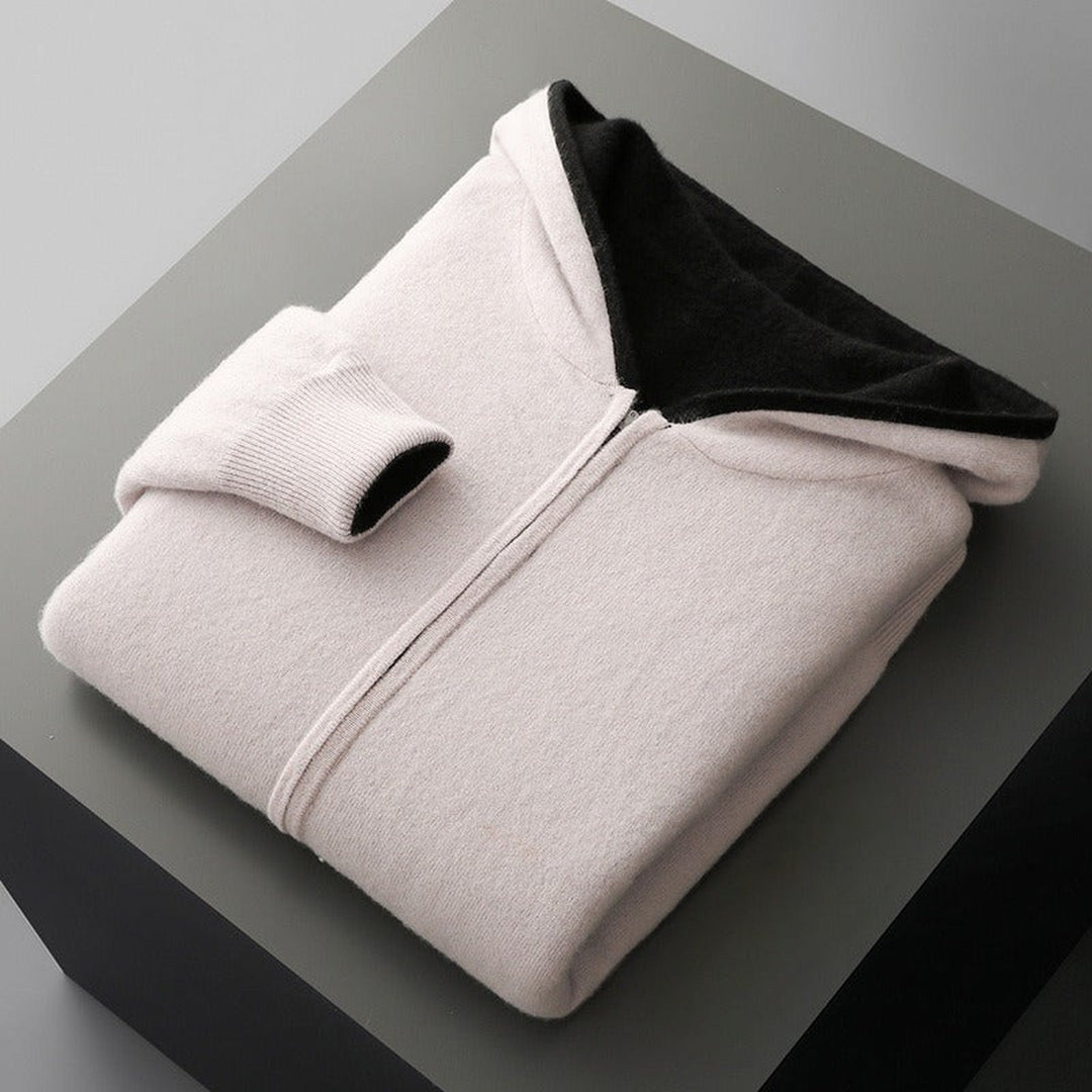 Men's Merino Wool Zip-Up Hoodie – Reversible Knit Layering – White