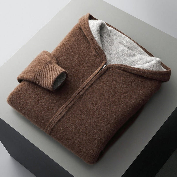 Men's Merino Wool Zip-Up Hoodie – Reversible Knit Layering – Dark Brown