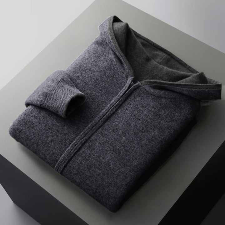 Men's Merino Wool Zip-Up Hoodie – Reversible Knit Layering – Dark Grey