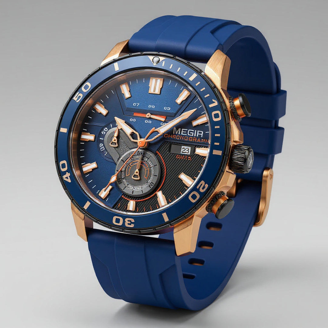 Men's Chronograph Watch 44mm – Ceramic Bezel – Silicone Strap – Royal Blue