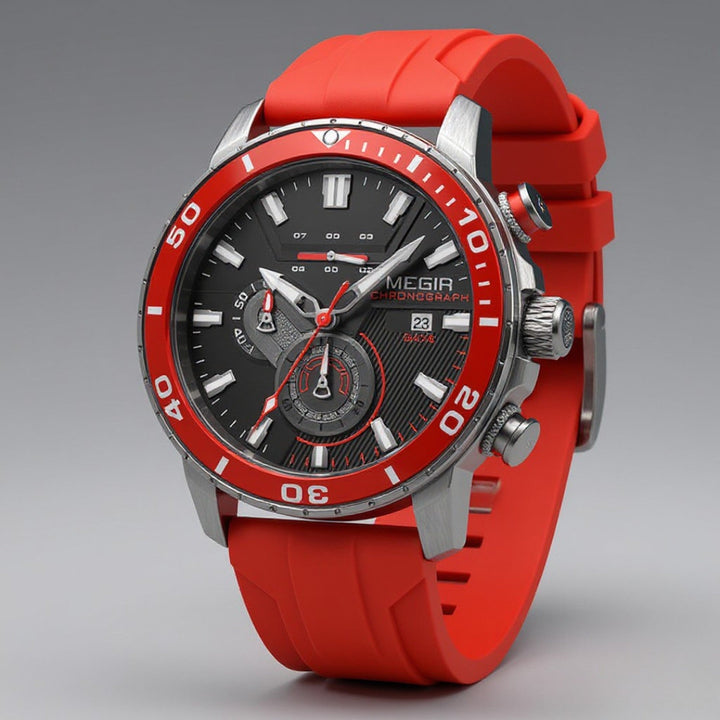 Men's Chronograph Watch 44mm – Ceramic Bezel – Silicone Strap – Crimson