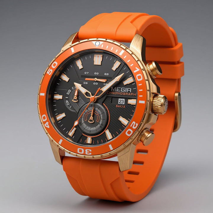 Men's Chronograph Watch 44mm – Ceramic Bezel – Silicone Strap – Neon Orange