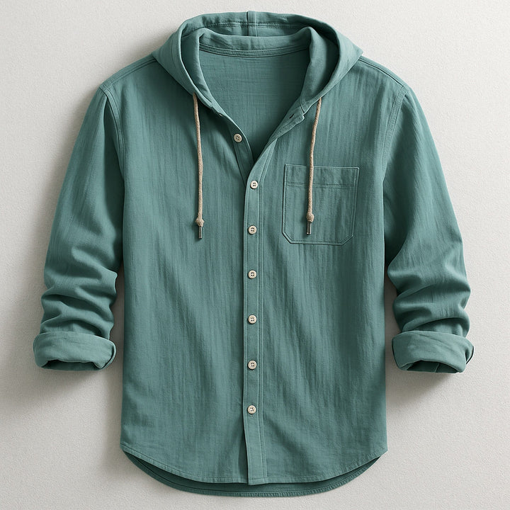 Men's Cotton Linen Hooded Shirt – Relaxed Summer Beach Style – Green
