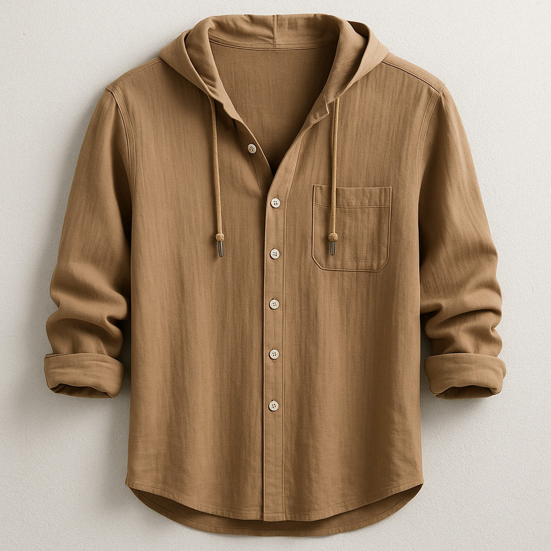 Men's Cotton Linen Hooded Shirt – Relaxed Summer Beach Style – Brown