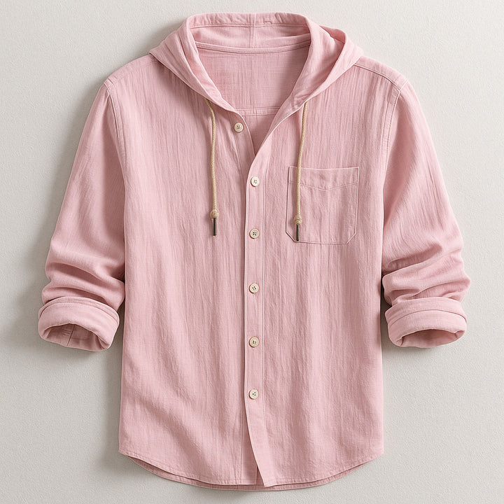 Men's Cotton Linen Hooded Shirt – Relaxed Summer Beach Style – Pink