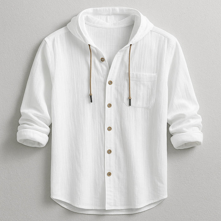 Men's Cotton Linen Hooded Shirt – Relaxed Summer Beach Style – White