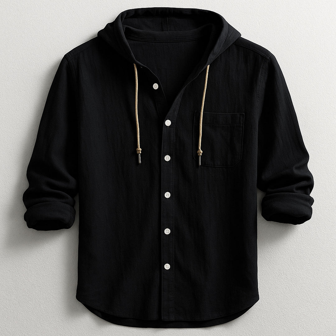 Men's Cotton Linen Hooded Shirt – Relaxed Summer Beach Style – Black