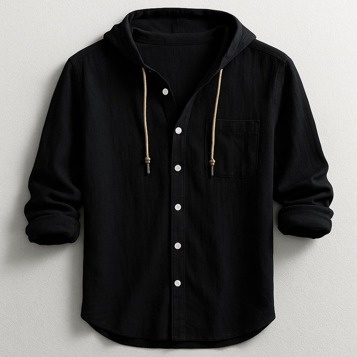 Men's Cotton Linen Hooded Shirt – Relaxed Summer Beach Style – Black