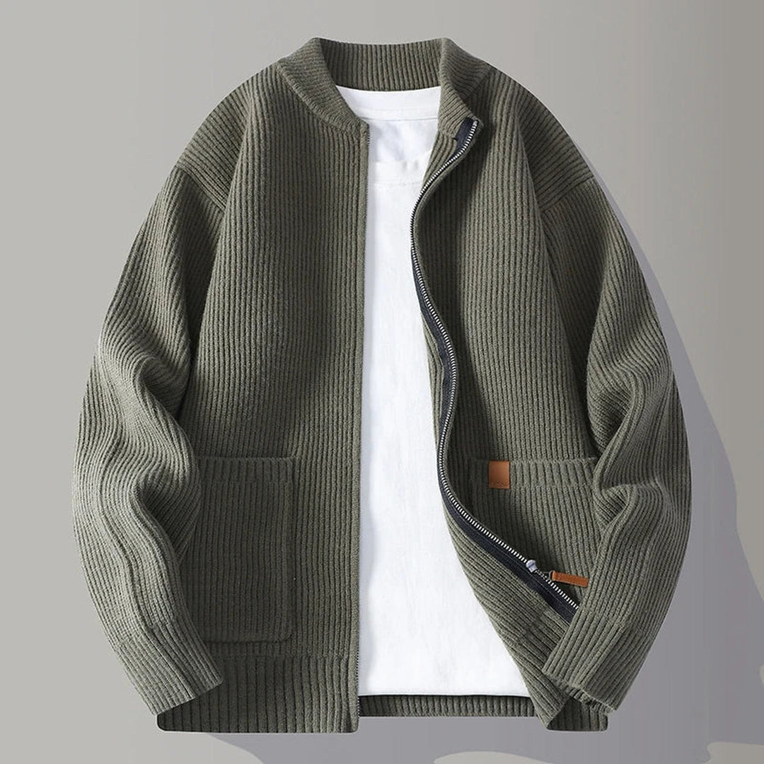 Men's Ribbed Knit Zip-Through Cardigan – Smart City Layering – Beige