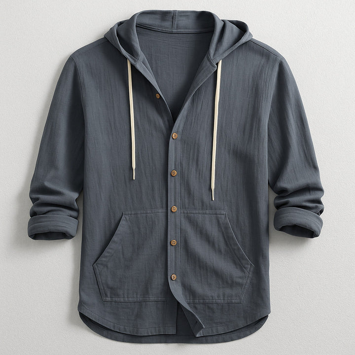 Men's Cotton-Linen Hooded Shirt – Relaxed Button-Up Layer – Grey