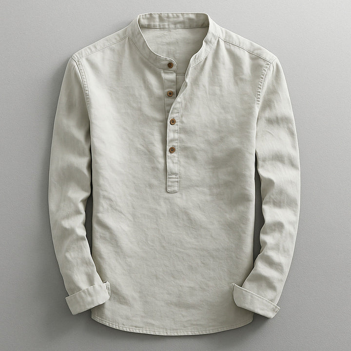 Men's Linen Blend Henley Shirt – Mandarin Collar Summer Top – Grey