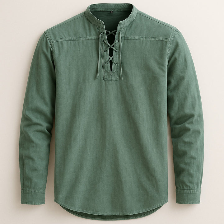 Men's Linen Cotton Lace-Up Shirt – Band Collar Relaxed Fit – Green