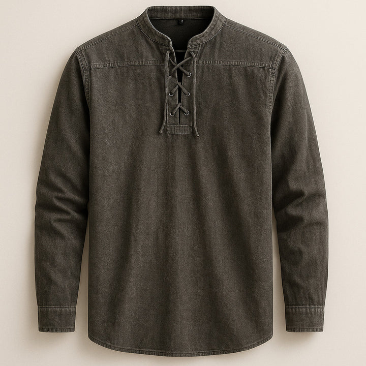Men's Linen Cotton Lace-Up Shirt – Band Collar Relaxed Fit – Grey