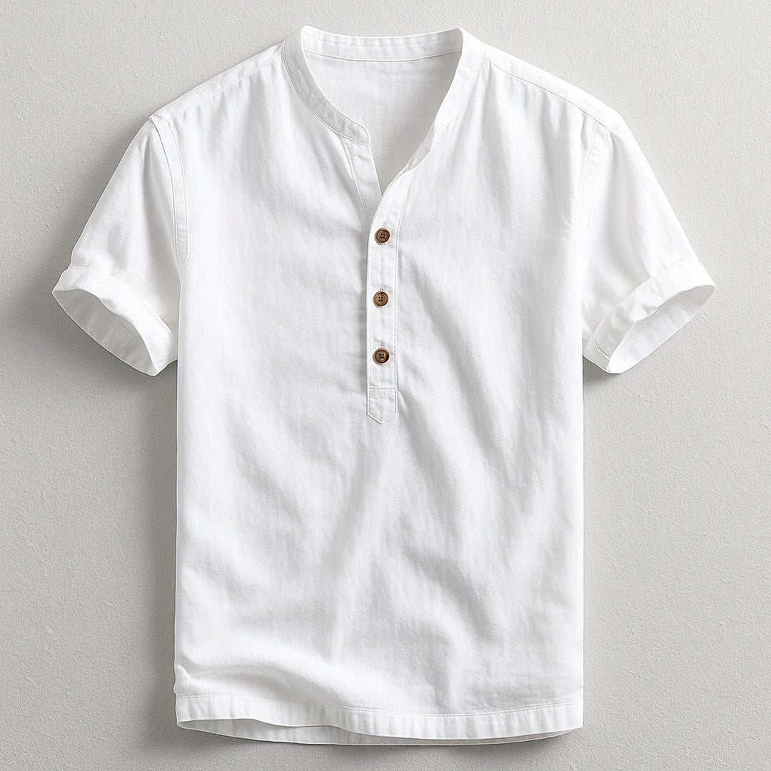 Men's Linen Cotton Henley – Band Collar Summer Shirt – White
