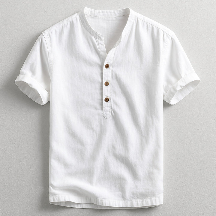 Men's Linen Cotton Henley – Band Collar Summer Shirt – White
