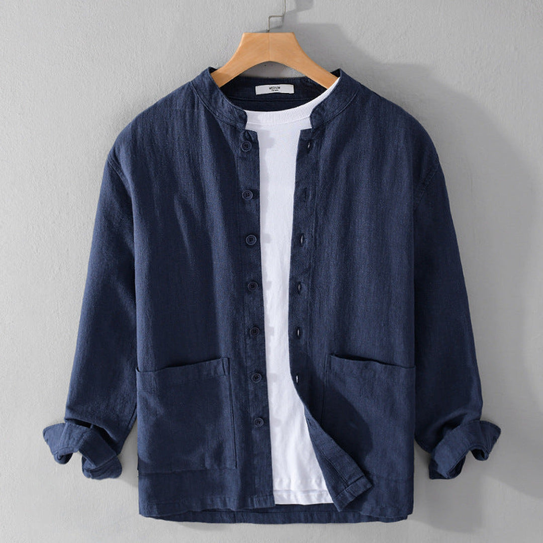 Men's Linen Blend Grandad Collar Shirt – Summer Layering – Grey