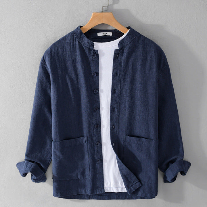 Men's Linen Blend Grandad Collar Shirt – Summer Layering – Grey