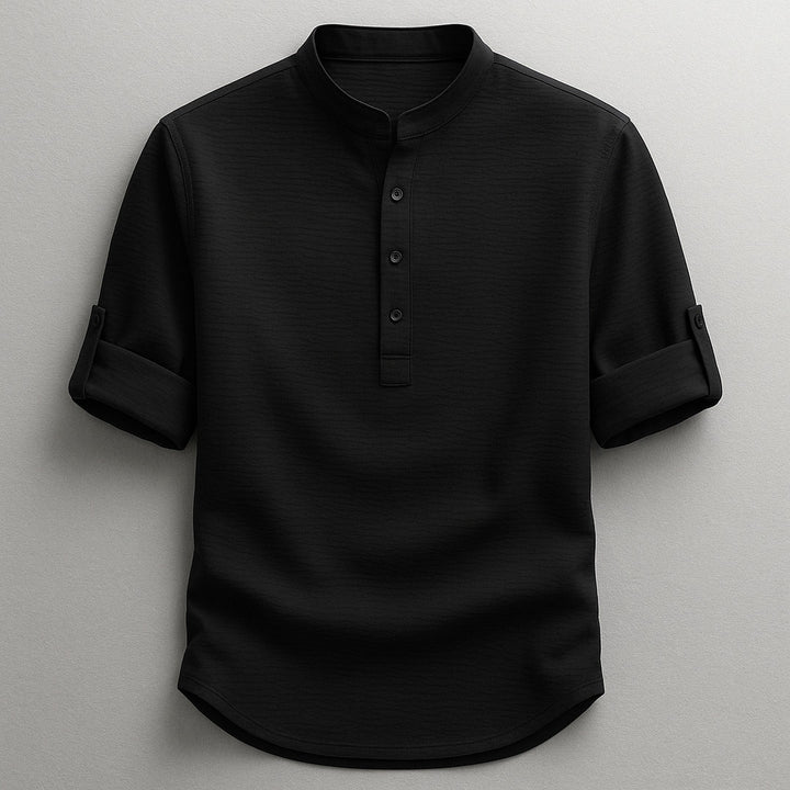 Men's Cotton-Linen Shirt – Tailored Fit with Roll Sleeves – Black