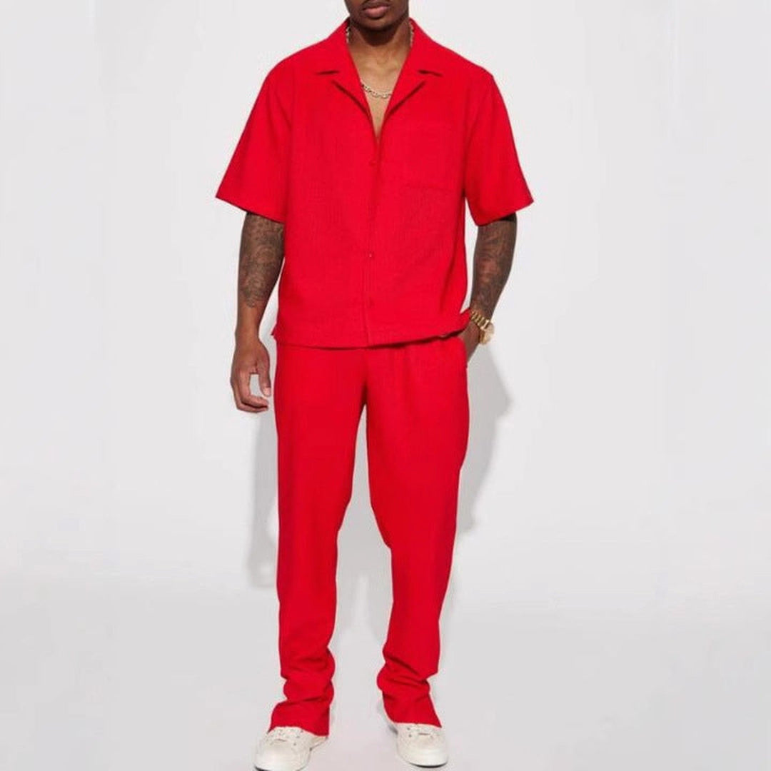Men's Linen-Blend Shirt and Trousers Set – Summer Co-ord – Red