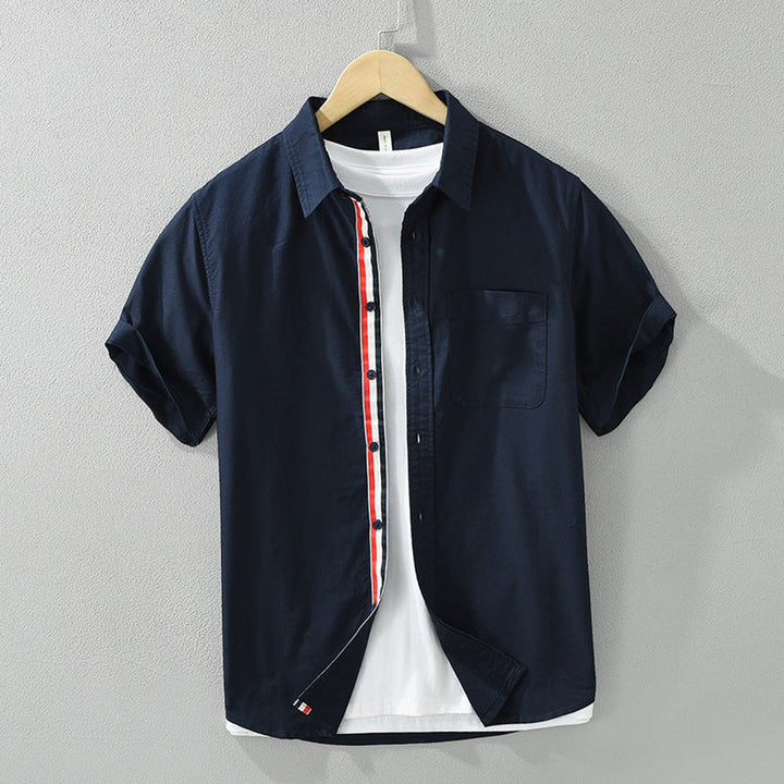Men's Linen Short Sleeve Shirt – Striped Placket Summer Style – Navy