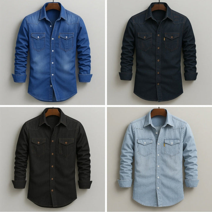 Men's Soft-Washed Denim Shirt – Casual Snap-Pocket Button-Down – Black