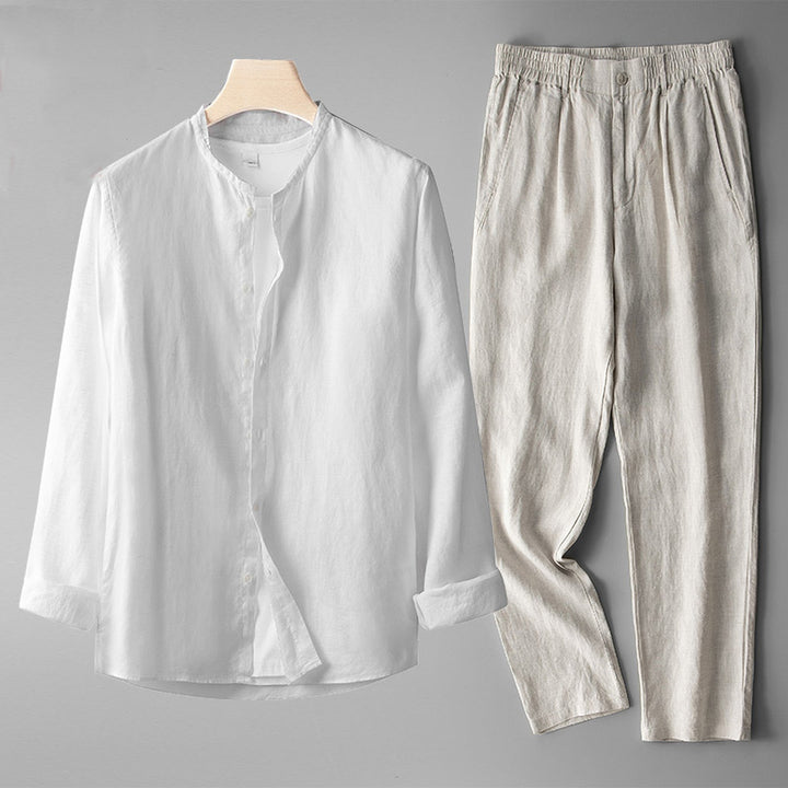 Gianni Men's Linen Co-ord Set – Band Collar Shirt & Trousers – White