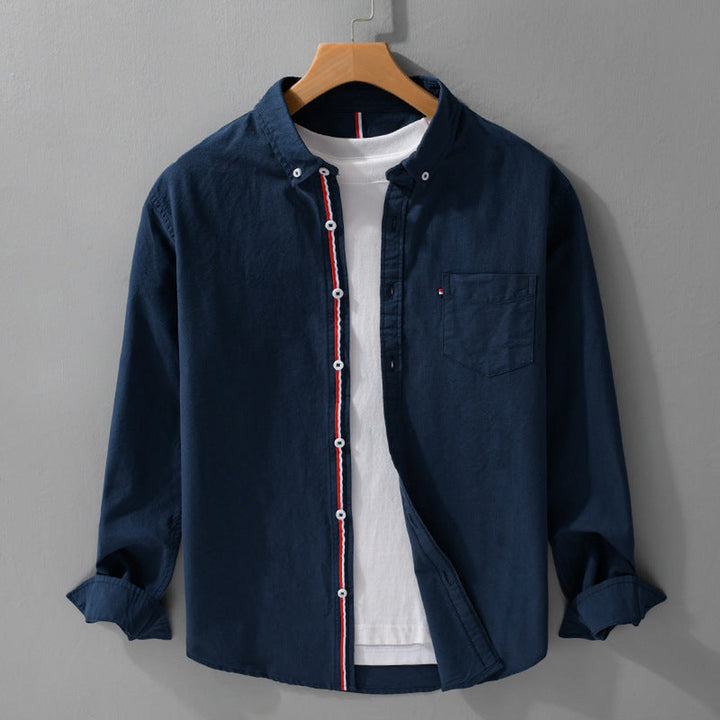 Men's Lightweight Linen Shirt – Striped Placket Detail – Navy