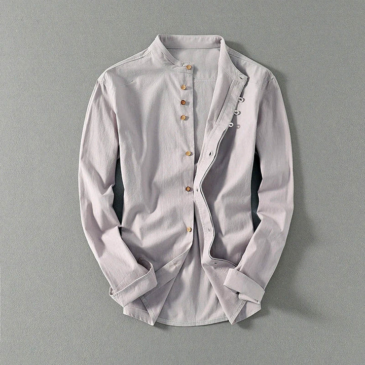 Men's Mandarin Collar Linen Blend Shirt – Kyoto Smart Casual – Blue