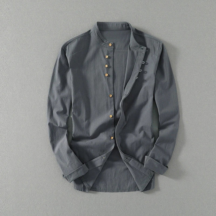 Men's Mandarin Collar Linen Blend Shirt – Kyoto Smart Casual – Grey