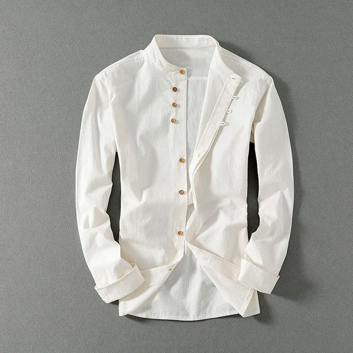 Men's Mandarin Collar Linen Blend Shirt – Kyoto Smart Casual – Dark Grey