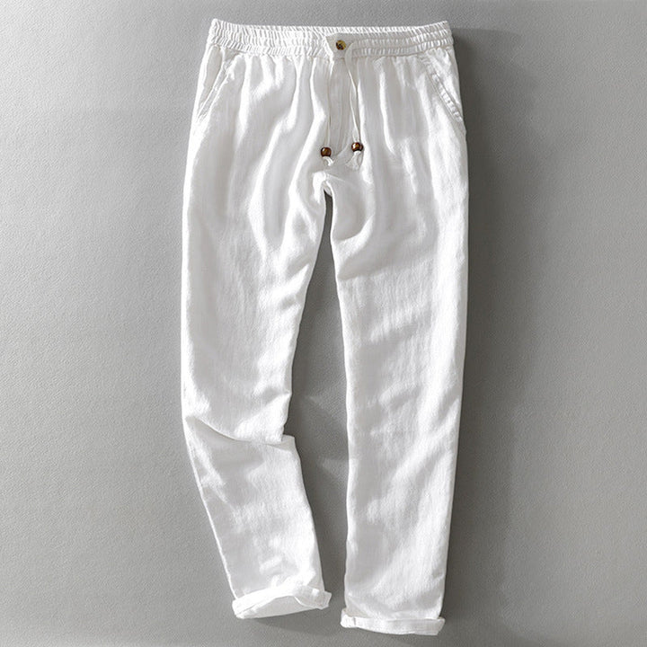 Men's Linen Blend Trousers – Relaxed Drawstring Summer Trousers – Navy