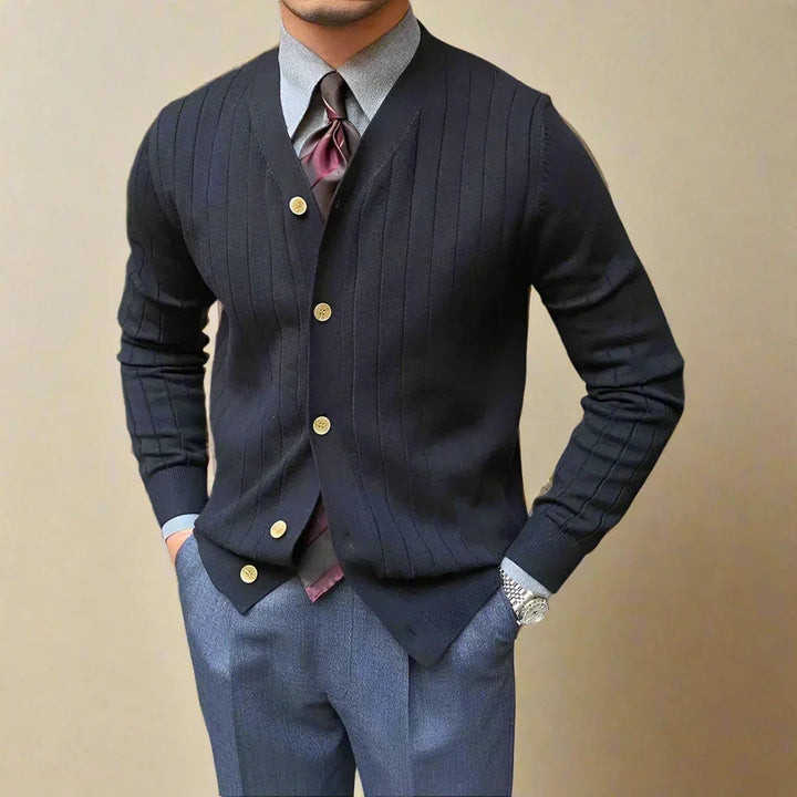 Men's Pleated Knit Cardigan – V-Neck Button-Front Layer – Skyfall Blue