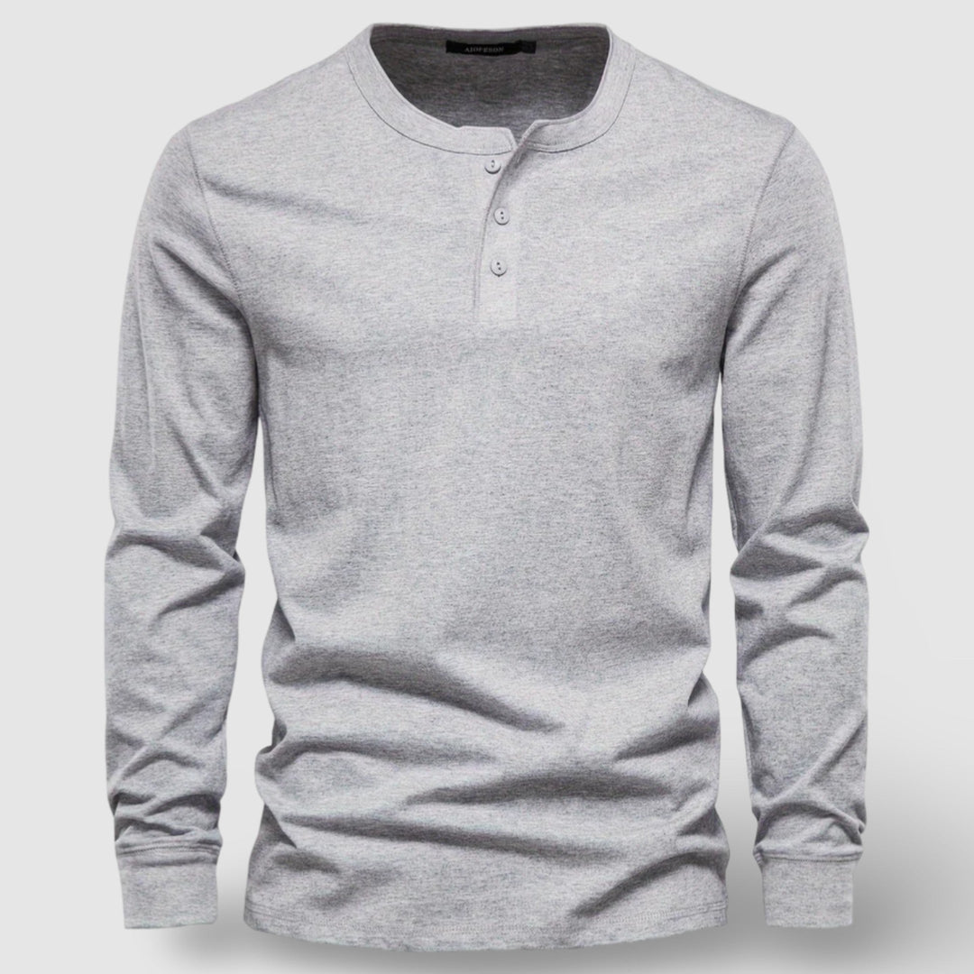Men's Long Sleeve Cotton Henley – Buttoned Everyday Top – Light Grey
