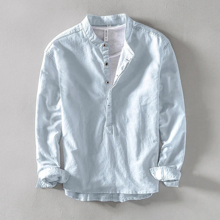 Men's Linen Blend Shirt – Relaxed Long Sleeve Summer Shirt – Sky Blue