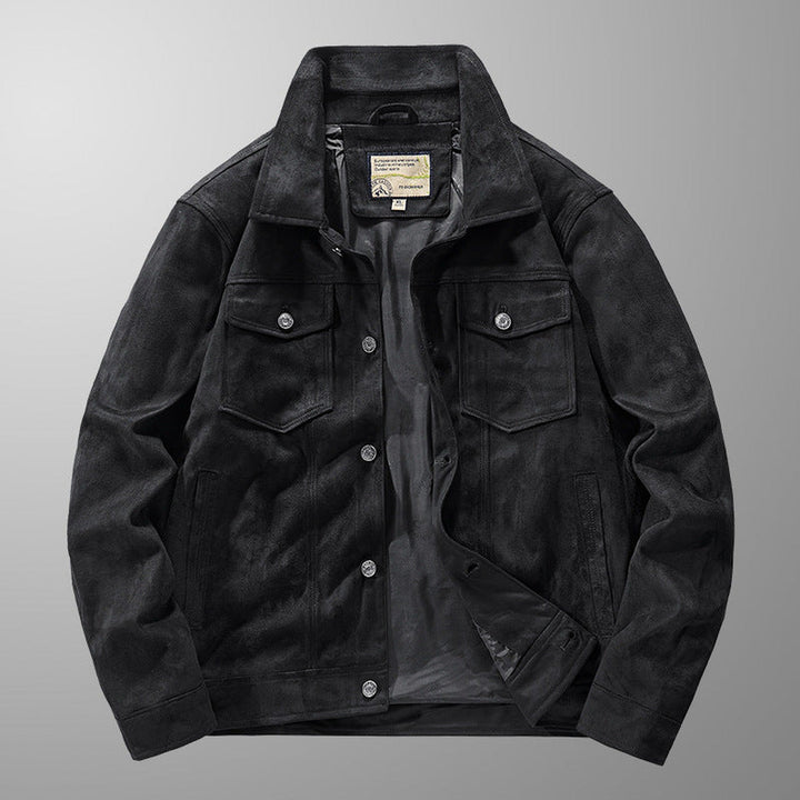 Men's Genuine Suede Jacket – Riviera Zip-Front with Point Collar – Black