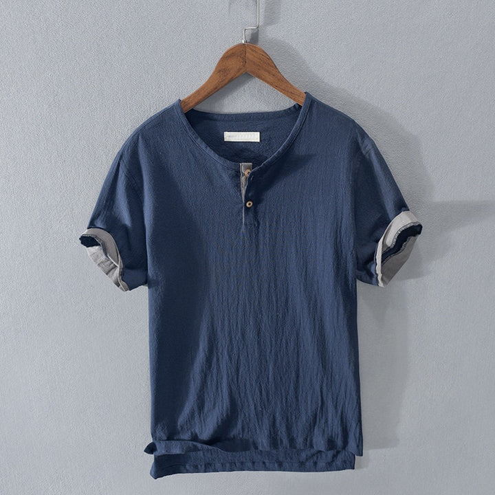 Men's Linen Henley Shirt – Lightweight Breathable Summer Top – Light Blue