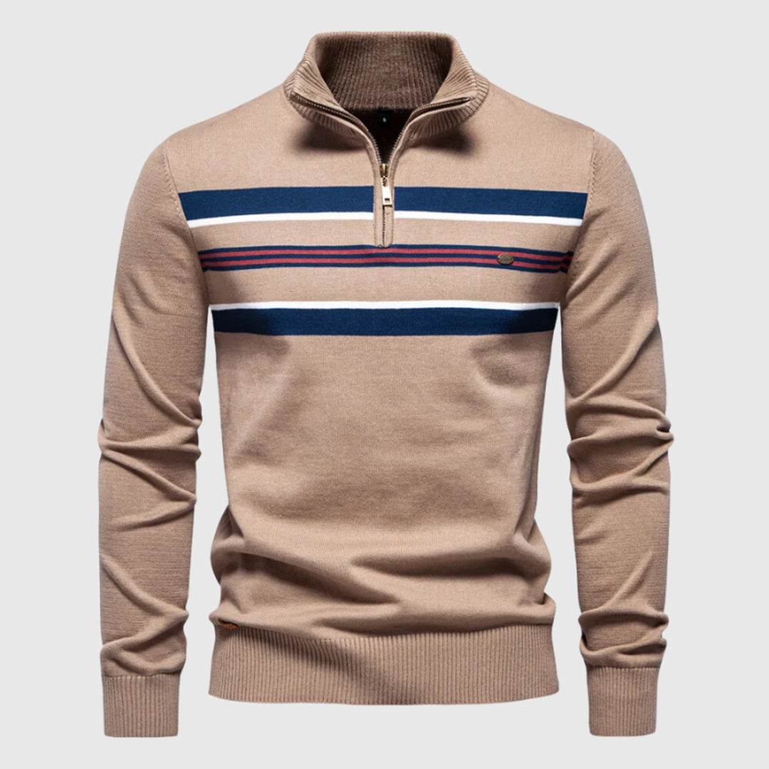 Men's Cotton Striped Jumper – Coastal Zip Collar Knit Pullover – view 3
