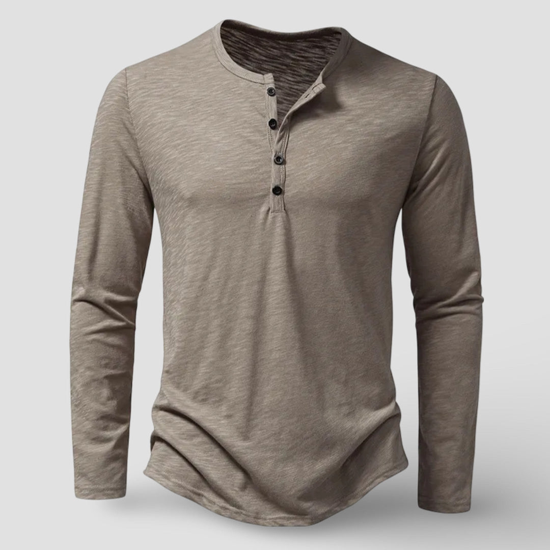 Men's Cotton Long Sleeve Henley Shirt – Classic Button Placket – Khaki
