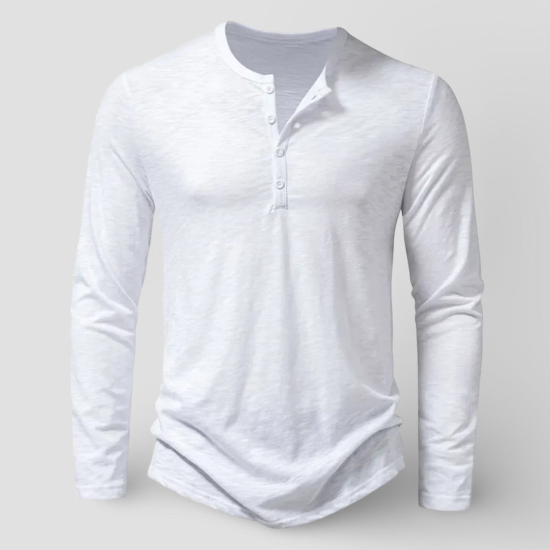 Men's Cotton Long Sleeve Henley Shirt – Classic Button Placket – White