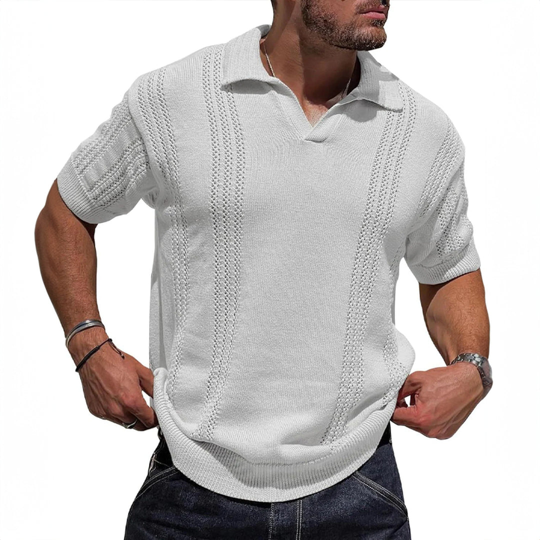 Men's Knitted Polo Shirt – Breathable Ribbed Collar Knit – White
