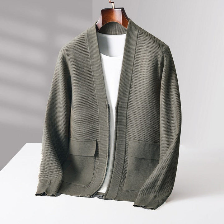 Men's Cashmere V-Neck Cardigan – Soft Thick-Knit Winter Layering – Khaki