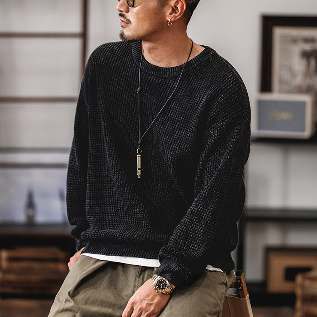 Men's Waffle Knit Jumper – Textured Grid Crew Neck Layer – view 9