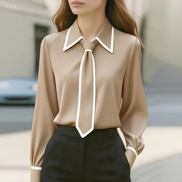 Women's Cotton-Blend Tie Blouse – Contrast Piping Workwear – Beige
