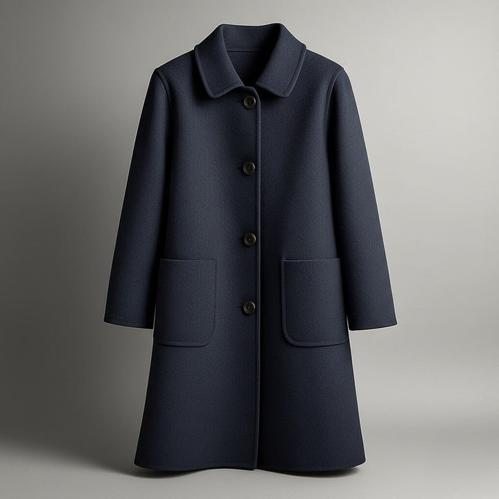 Women's Virgin Wool Coat – Tailored Straight-Cut Winter Overcoat – Navy